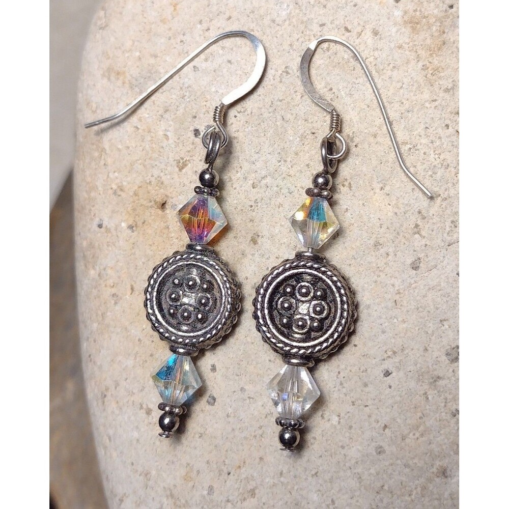 Vintage Sterling Silver Aurora Borealis Crystal Dangle Earrings